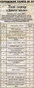 Результаты хит-парада на харьковской независимой радиостанции «Радио 50». Городская газета. 27 июня 1997 года.